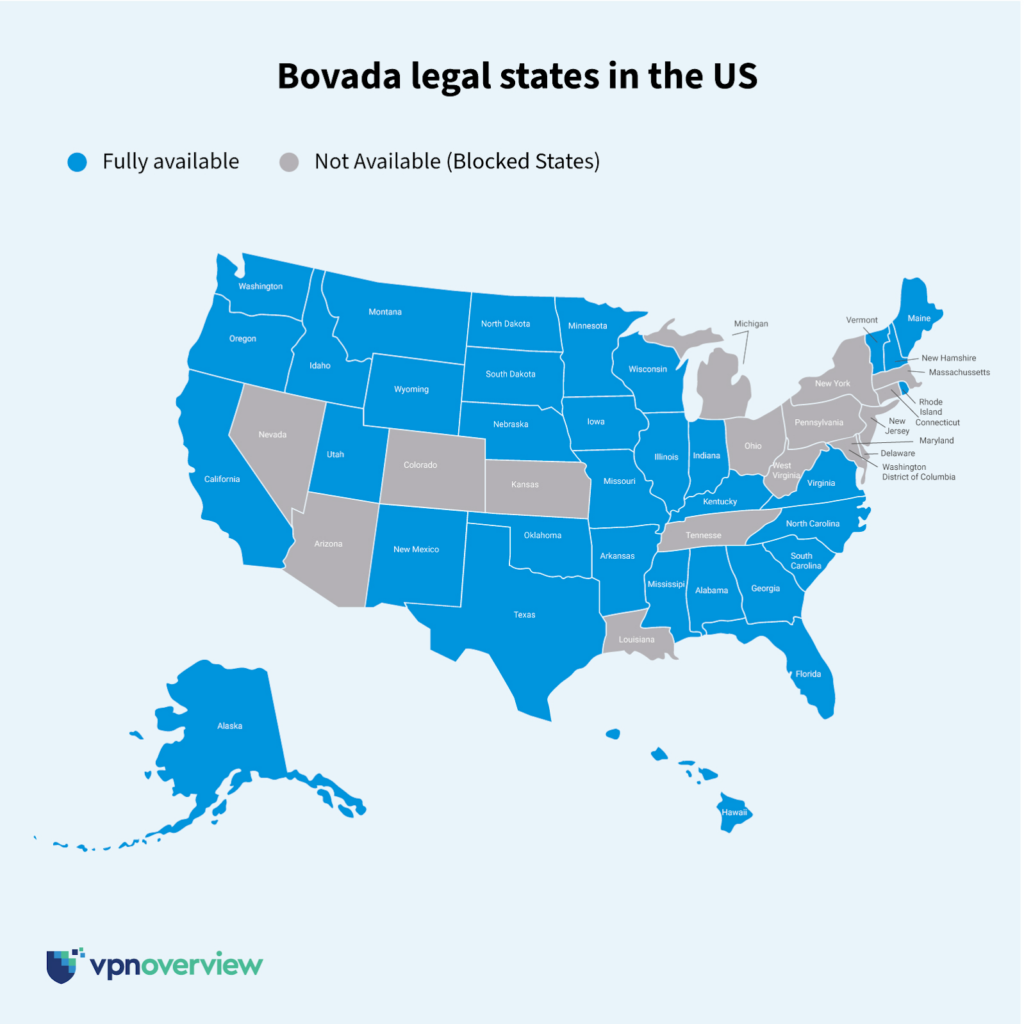 A map showing the states in which Bovada is available and blocked