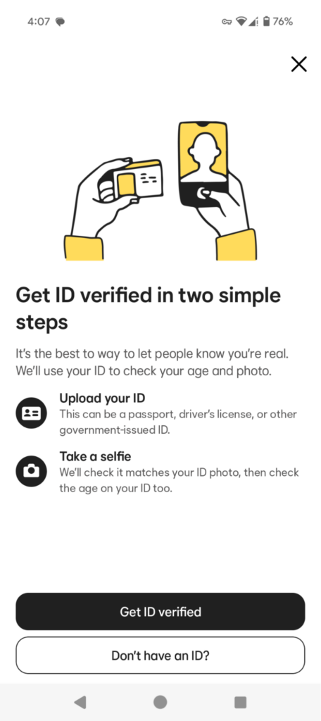 Bumble's age verification process using official ID and a selfie
