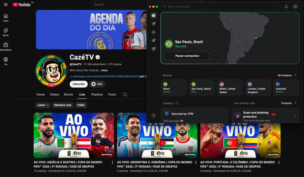 NordVPN connected to a São Paulo server to access CazéTV World Cup streams on YouTube for free