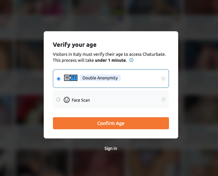Chaturbate asks for age verification in Italy through Yoti app or a face scan