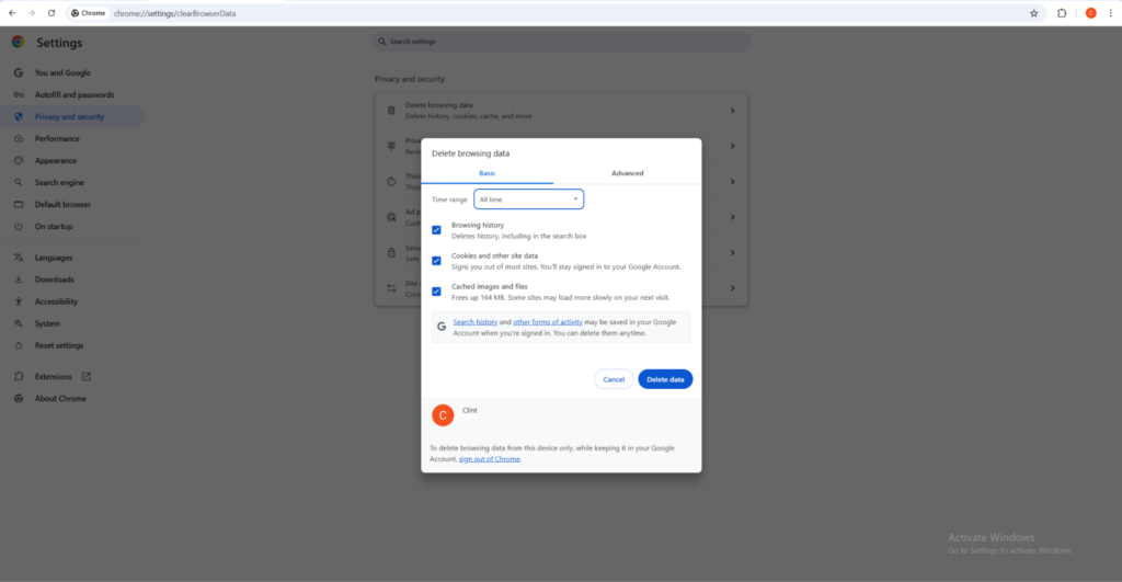 Chrome Delete browsing data location