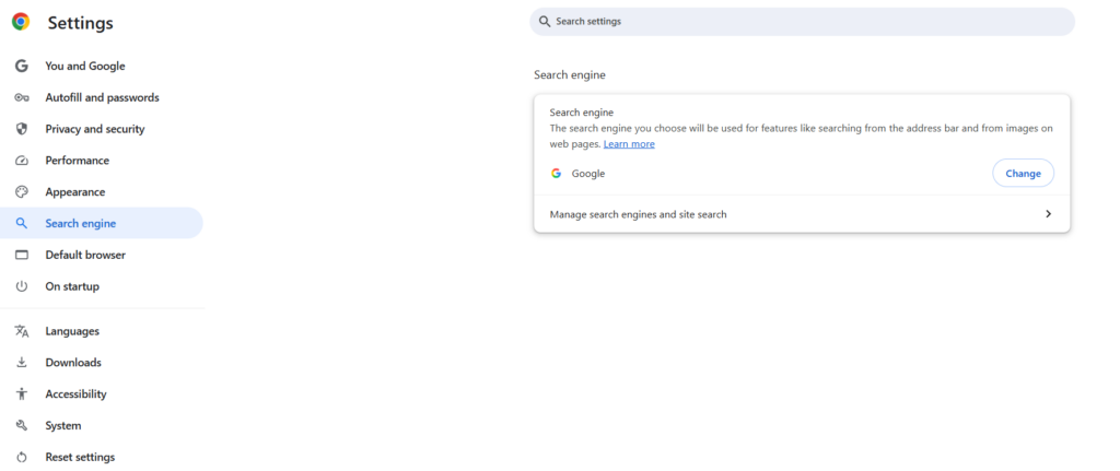 Chrome Search engine tab location