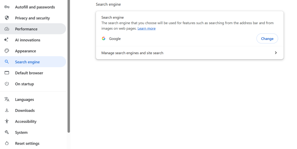 Chrome Manage search engine setting