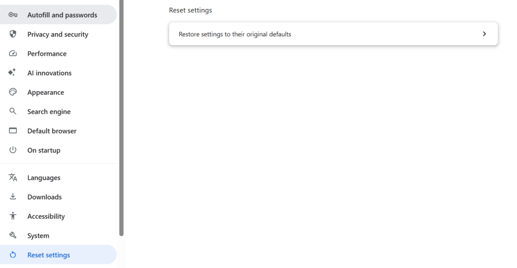 Chrome Reset settings option