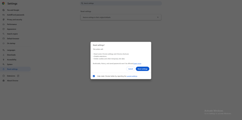 Chrome Reset settings tab location