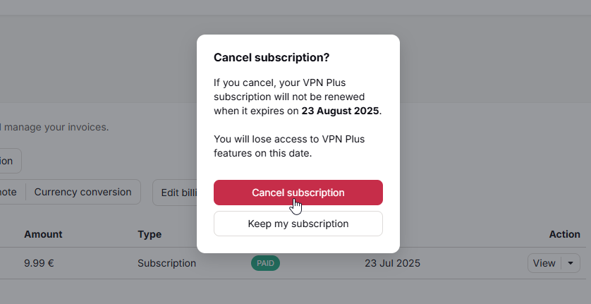 Confirm cancellation of Proton VPN's subscription