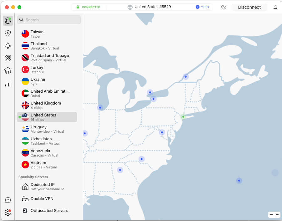 NordVPN connected to the US to access CBS Sports Golazo Network