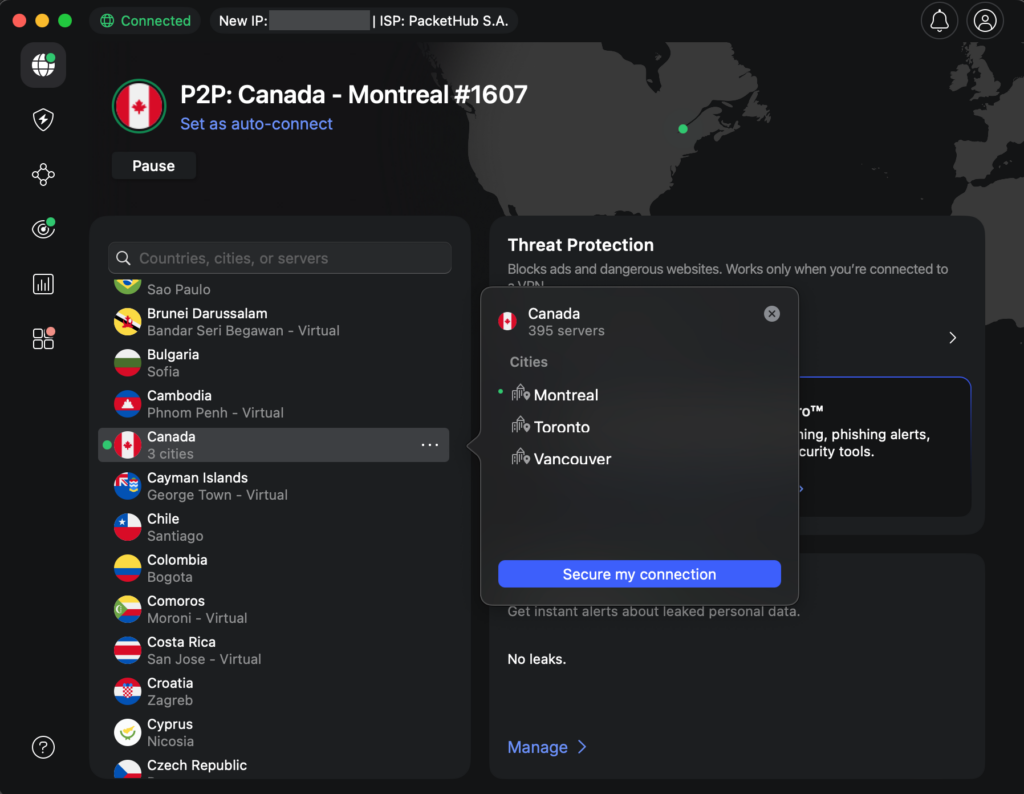 Connect to Canada to get a Canadian IP address