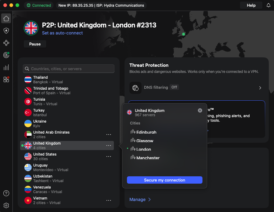 Connect to the UK to get a UK IP address