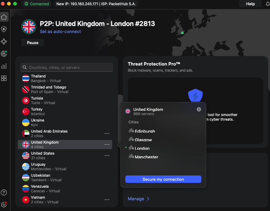 Connecting NordVPN's UK server