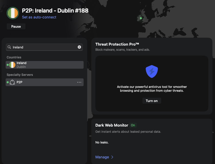 Connecting to Irish server with NordVPN