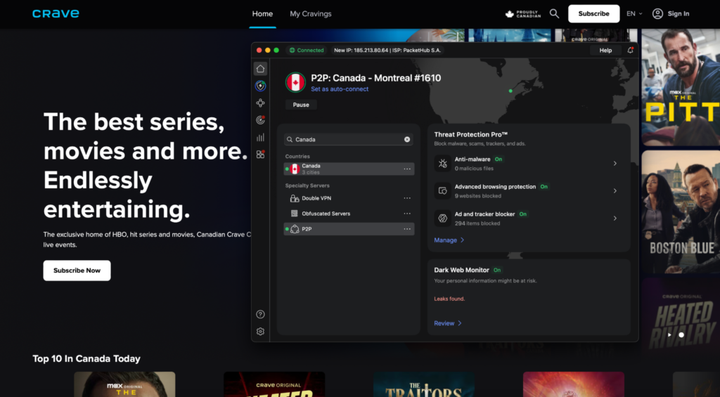 Unblocking Crave from the US using NordVPN on a Canada VPN server