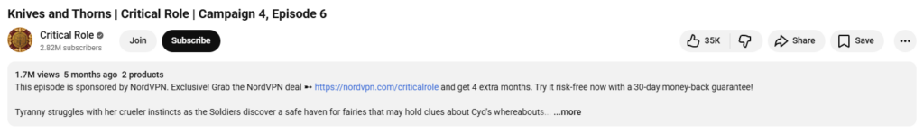 NordVPN Critical Role YouTube sponsor link