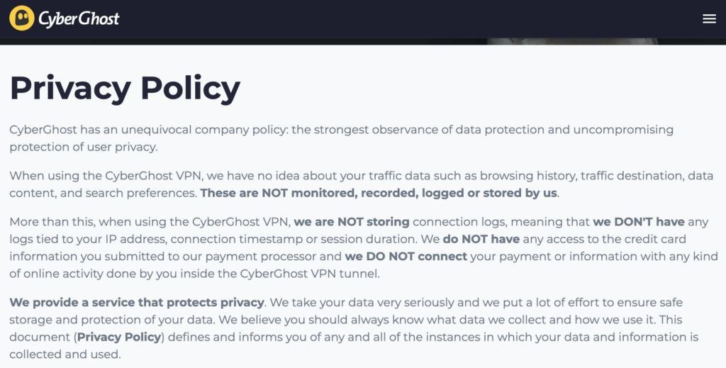cyberghost privacy policy