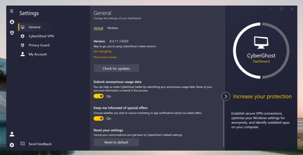 CyberGhost quick settings interface