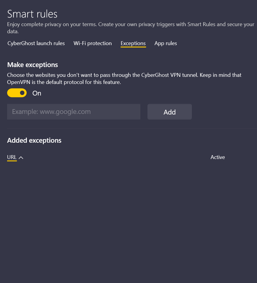 CyberGhost's split tunneling settings