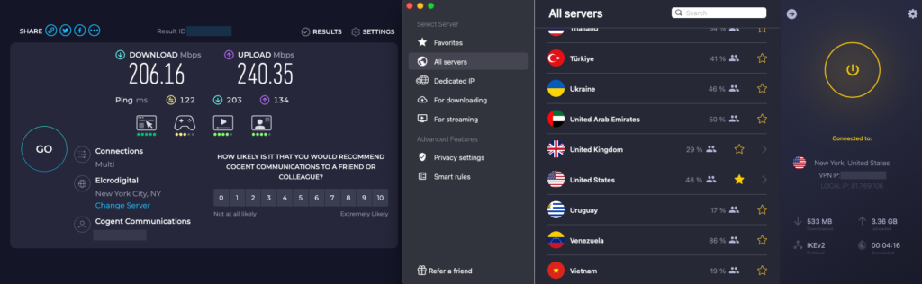 CyberGhost speed test and US server connection