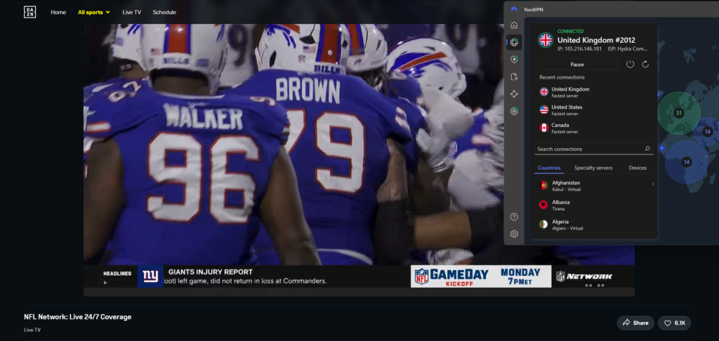 NordVPN unblocking DAZN UK and streaming NFL