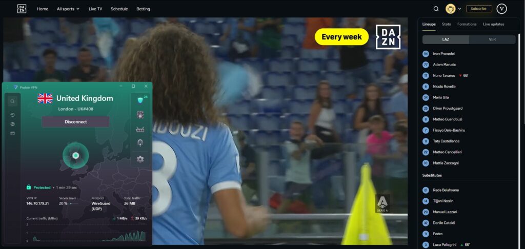Proton VPN unblocking UK DAZN and streaming UEFA