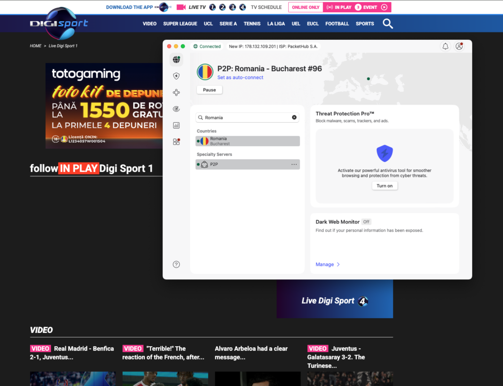 Digisport unblocked with NordVPN