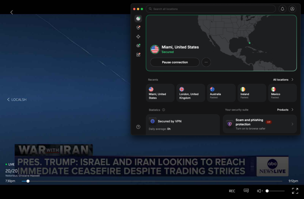DirecTV playing ABC News Live with NordVPN Miami server