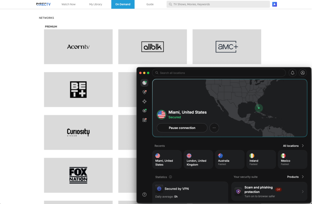 DirecTV Stream opened with NordVPN connected to Miami server