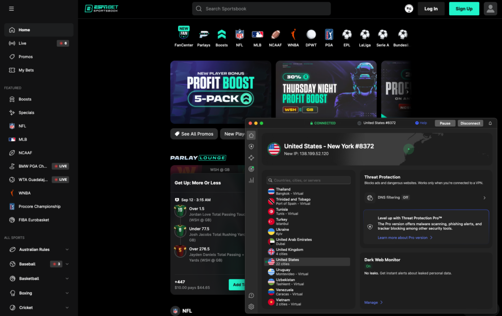 ESPN BET unblocked with NordVPN