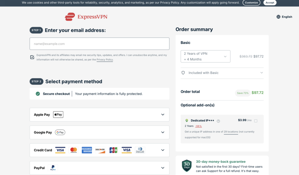 ExpressVPN checkout page with Cyber Monday discount applied