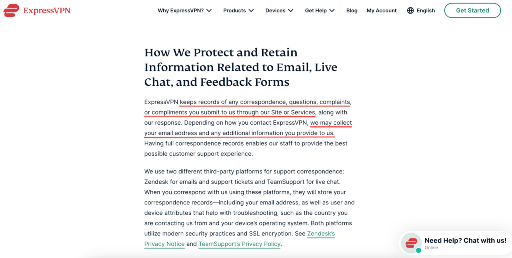 ExpressVPN Privacy Policy statements on user data collection