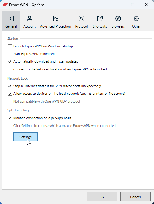 ExpressVPN's split tunneling settings