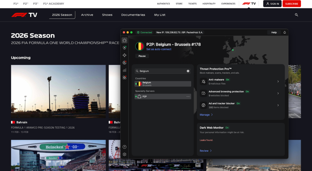 Unblocking F1 TV Pro in Belgium using NordVPN