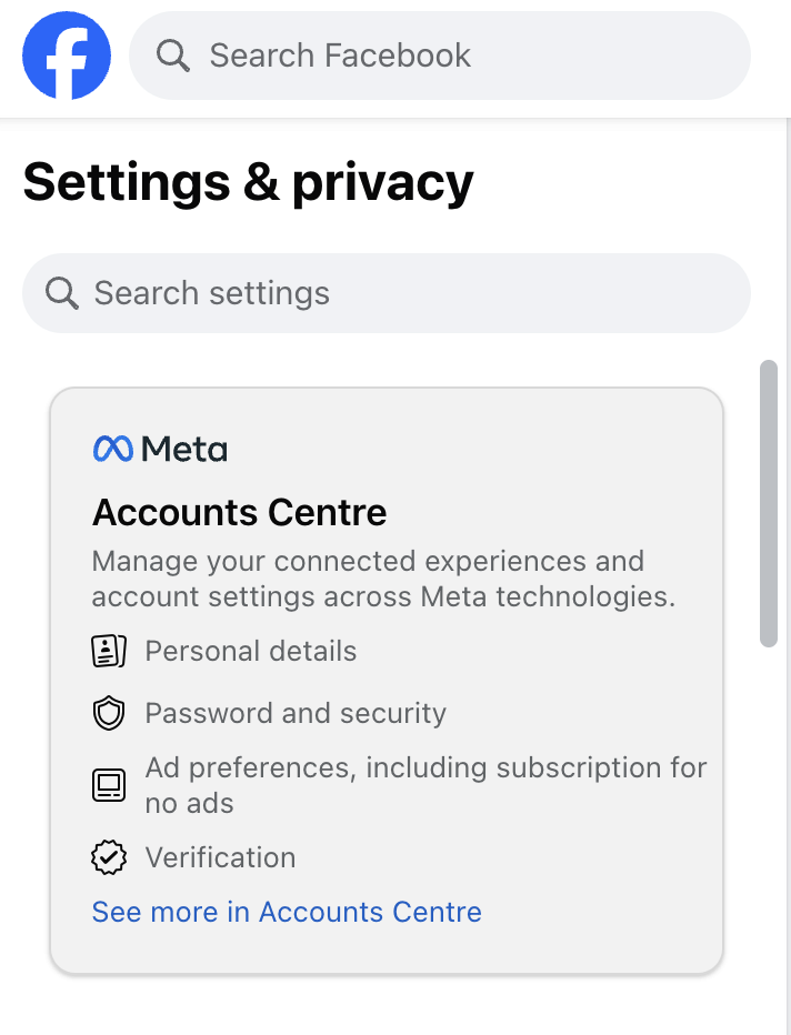 Open Accounts Centre from Facebook Settings menu