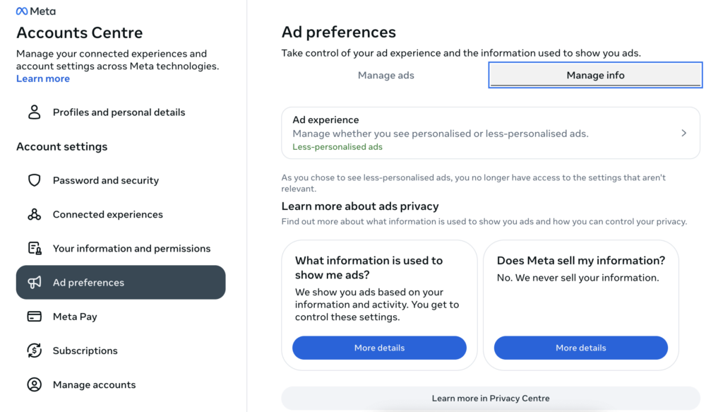 Select See Fewer next to an Ad Topic in Facebook Ad Preferences to reduce targeted ads