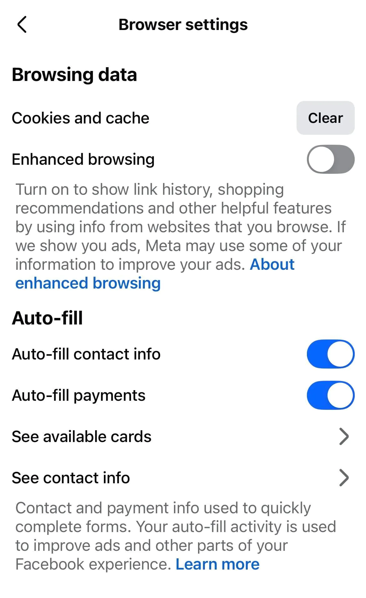 Turn off Enhanced browsing in Facebook browser settings to stop link history tracking