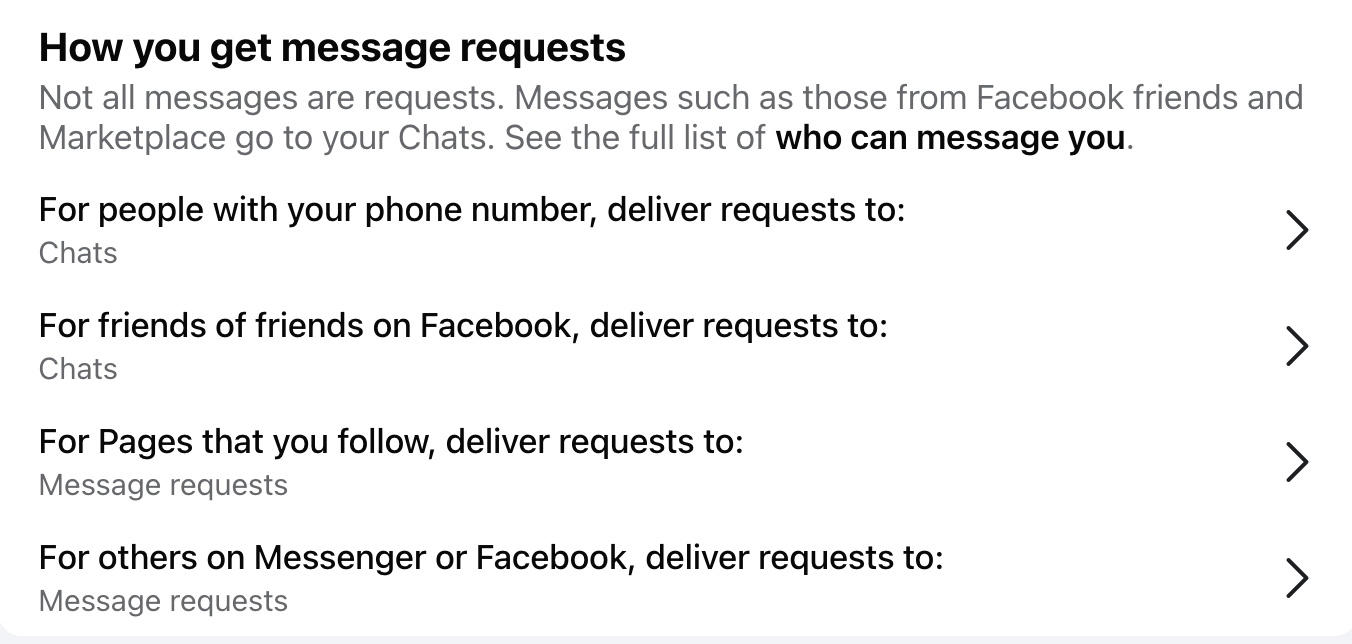 Control who can and where can send you message requests on Facebook
