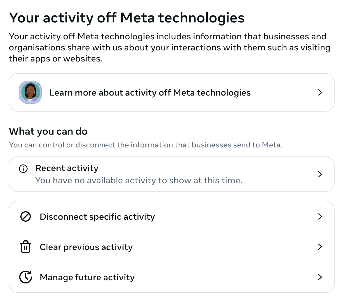 Manage and disconnect activity off Meta technologies in Facebook settings