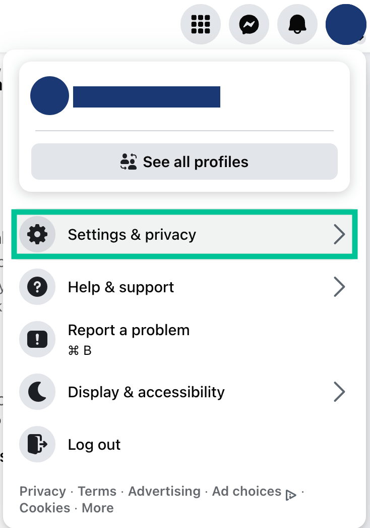 Access Facebook Settings and privacy menu from profile dropdown