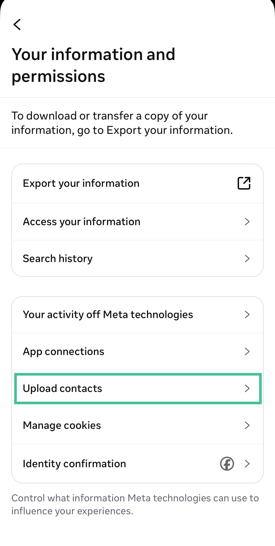 Select Accounts Center under the Settings and privacy menu to manage Facebook contact uploads
