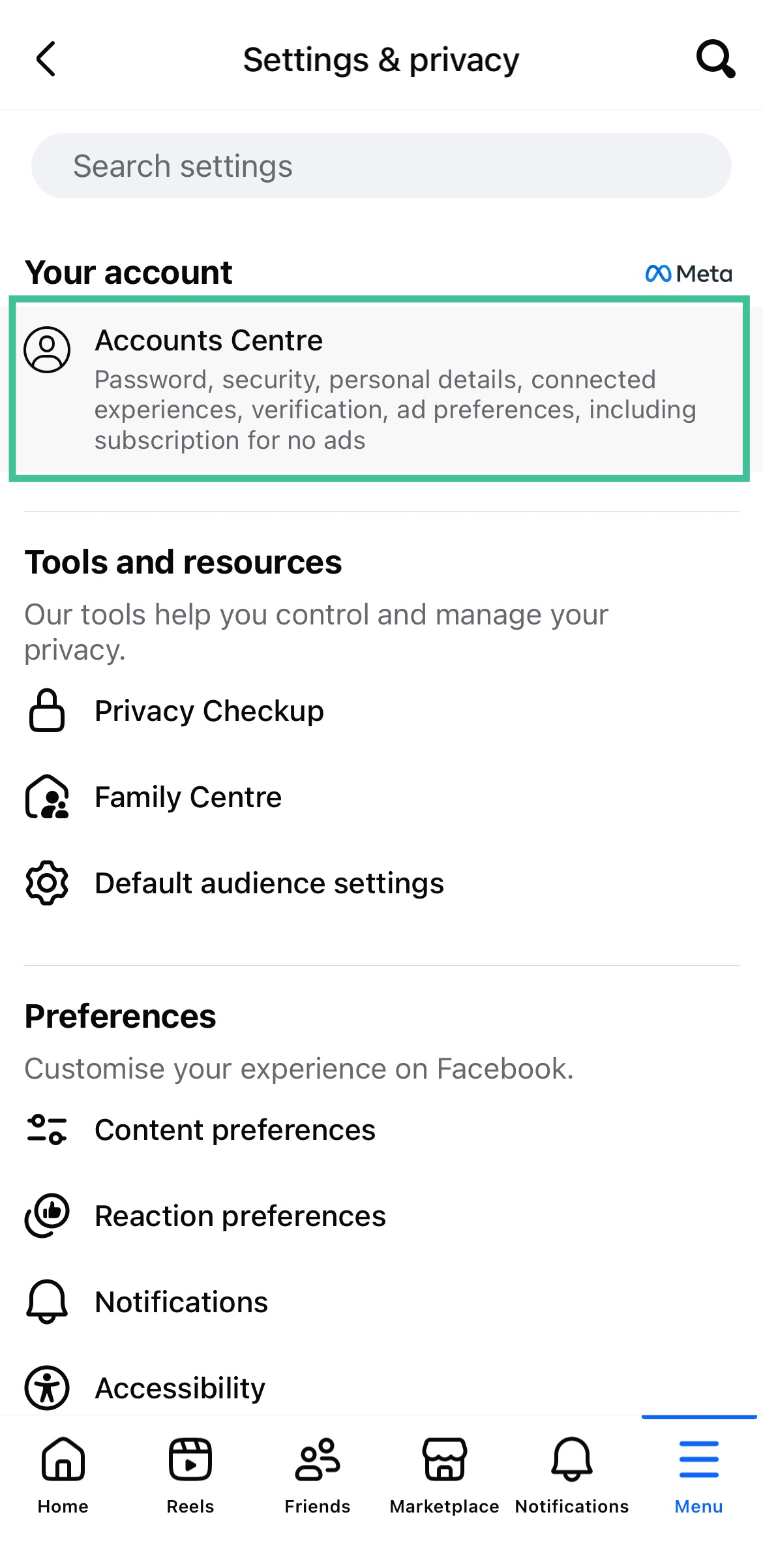 Tap the cogwheel and select Accounts Center under the Settings and privacy menu to manage Facebook contact uploads
