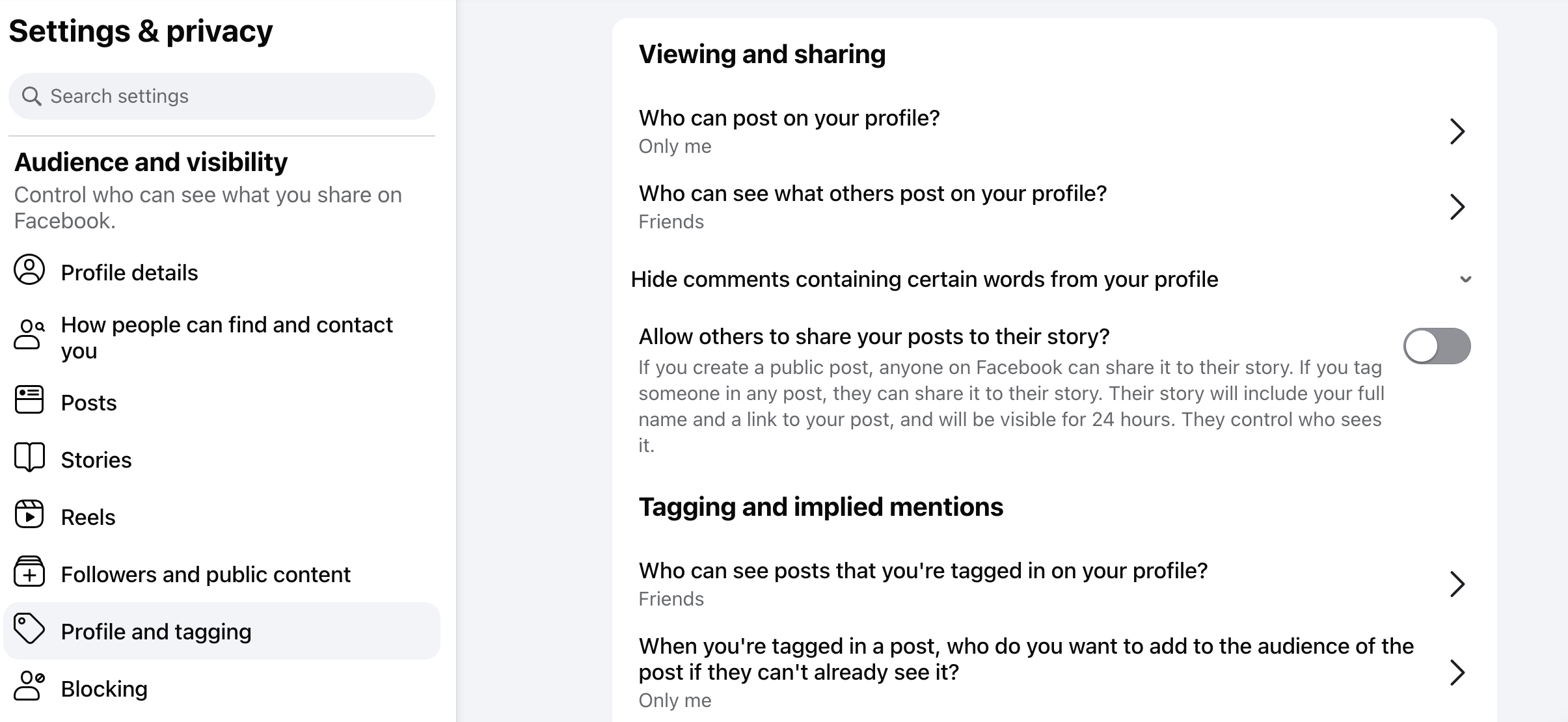 Under Profile and Tagging settings manage who can tag you or see posts you're tagged in