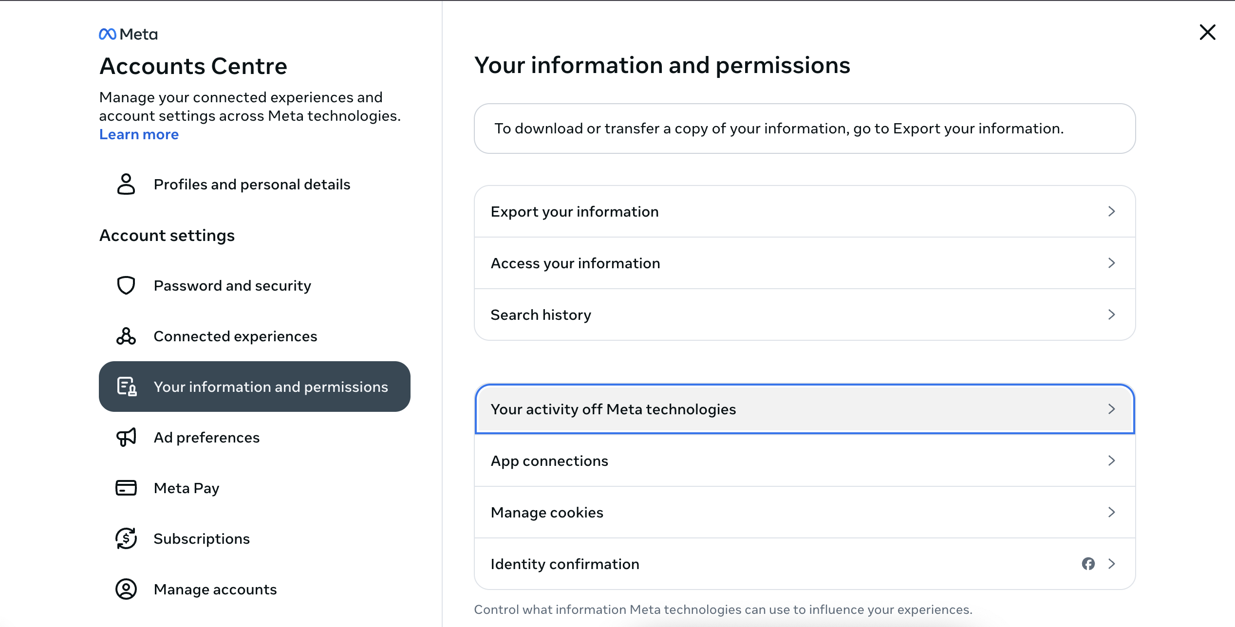 Access Your Activity off Meta technologies in Facebook Accounts Centre settings