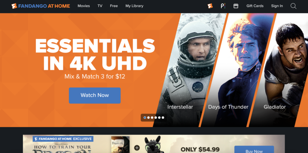 Screenshot of the Fandango homepage