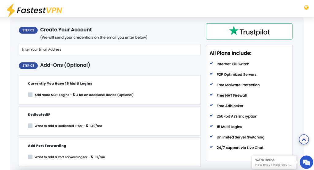 FastestVPN checkout process that allows you to add extras like dedicated IPs