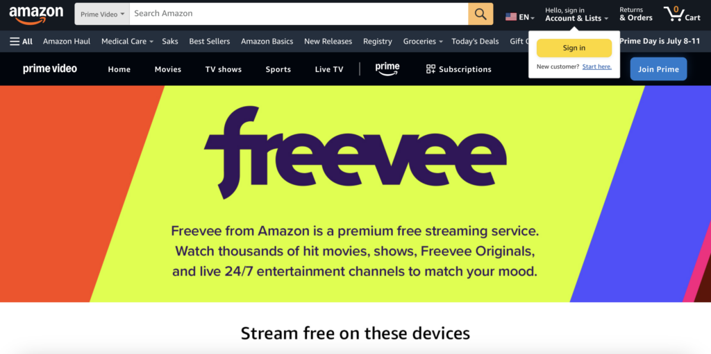 Screenshot of the Freevee homepage