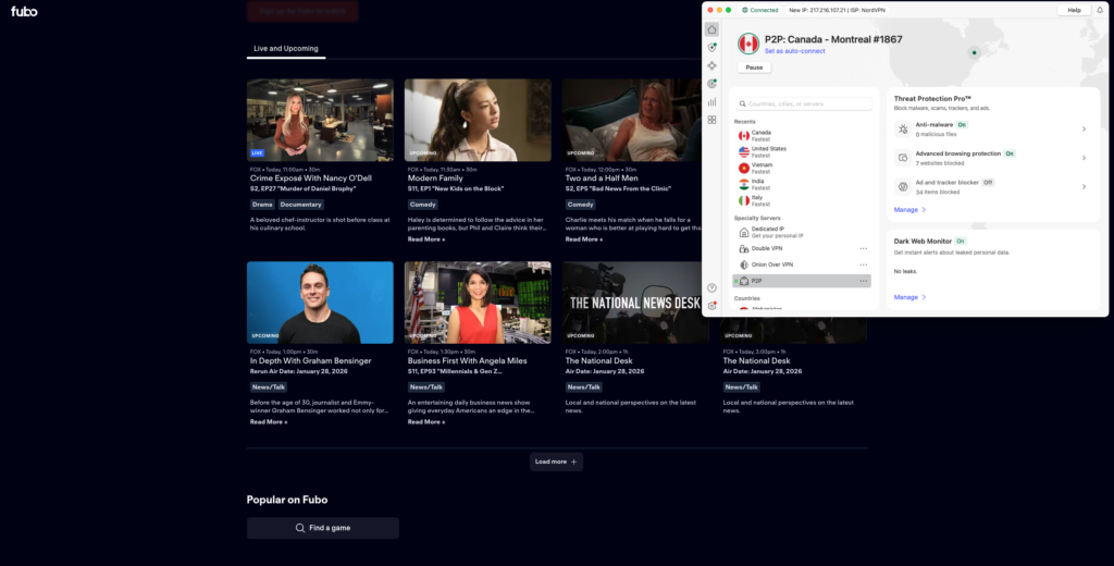 FuboTV unblocked with NordVPN server in Canada