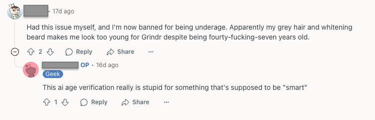 Comments on Reddit about Grindr age verification not working