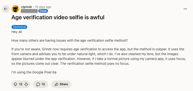 Reddit Grindr selfie verification not working