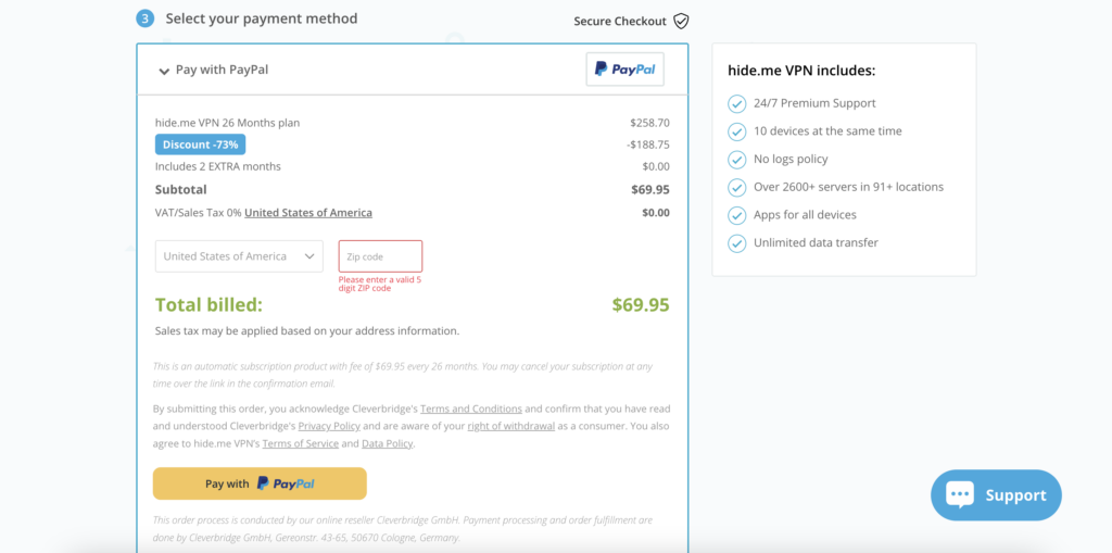 Hide.me VPN checkout page