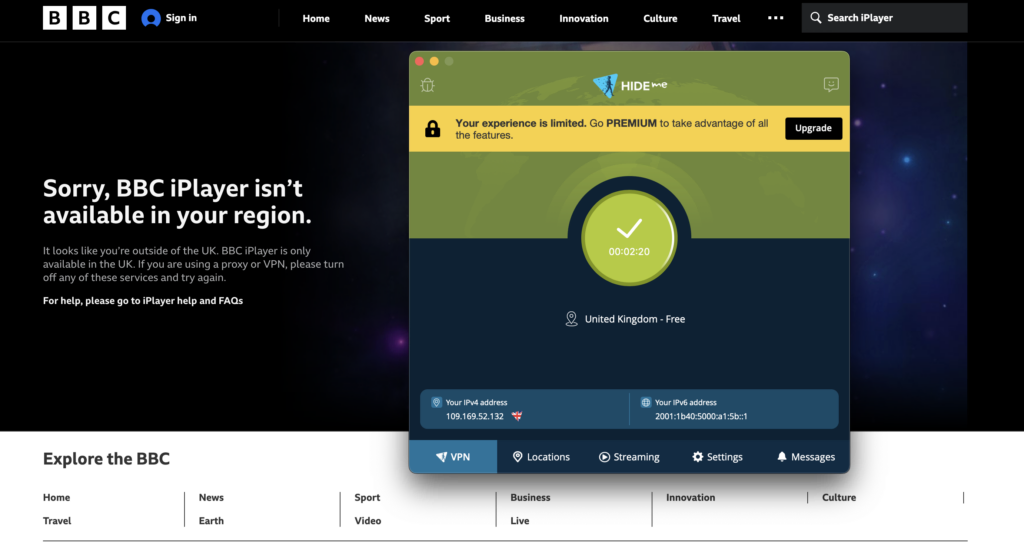 Hide.me Free unable to unblock BBC iPlayer
