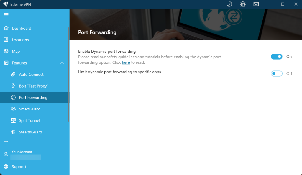 Hideme port forwarding settings within the desktop application